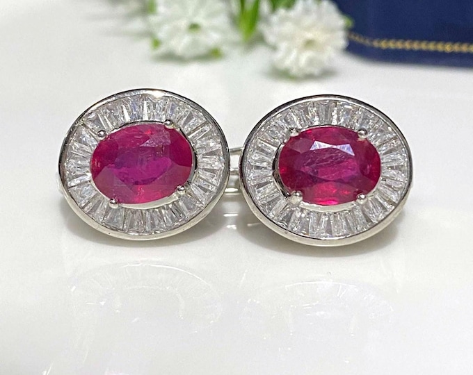 Vintage Sterling Silver Natural Ruby & White Topaz Earrings.
