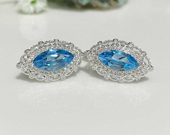 Vintage Sterling Silver Natural Marquise cut London Blue Topaz & White Topaz Earrings.