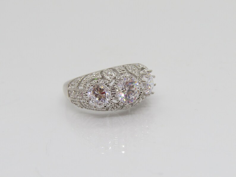 Vintage Sterling Silver White Topaz Filigree Dome Ring Size 8