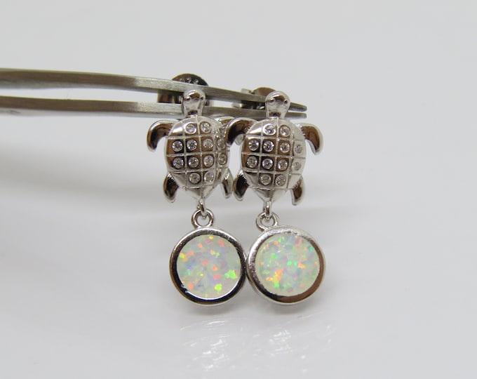 Vintage Sterling Silver White Opal & White Topaz Turtle Earrings