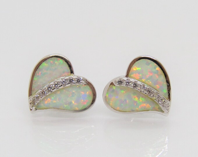 Vintage Sterling Silver White Opal & White Topaz Heart Earrings