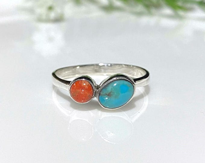 Vintage Sterling Silver Turquoise & Red Coral Ring.