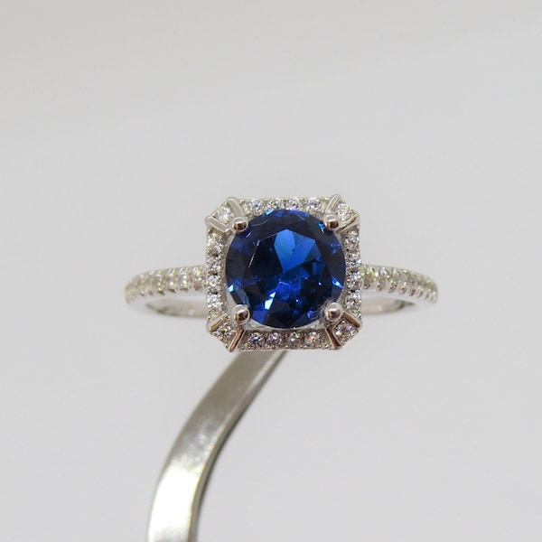Vintage Sterling Silver Blue Sapphire & White Topaz Halo Ring Size 9