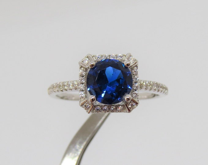 Vintage Sterling Silver Blue Sapphire & White Topaz Halo Ring Size 9