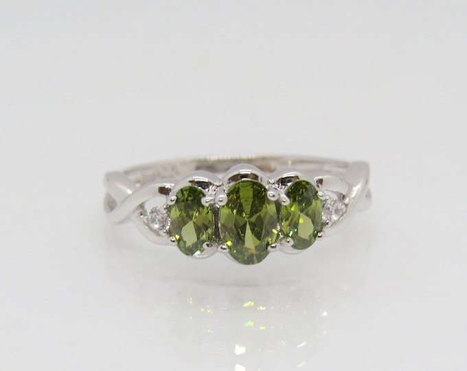 Sterling Silver Peridot & White Topaz Three stone Ring Size 7