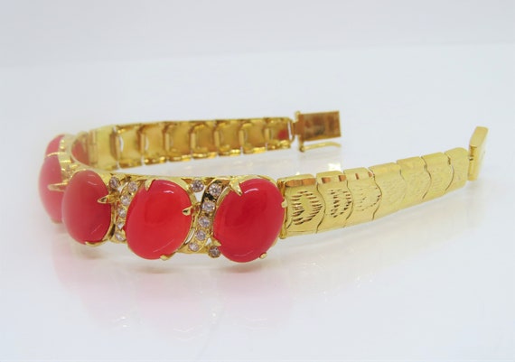 Vintage 18K Solid Yellow Gold Translucent Red Jad… - image 5