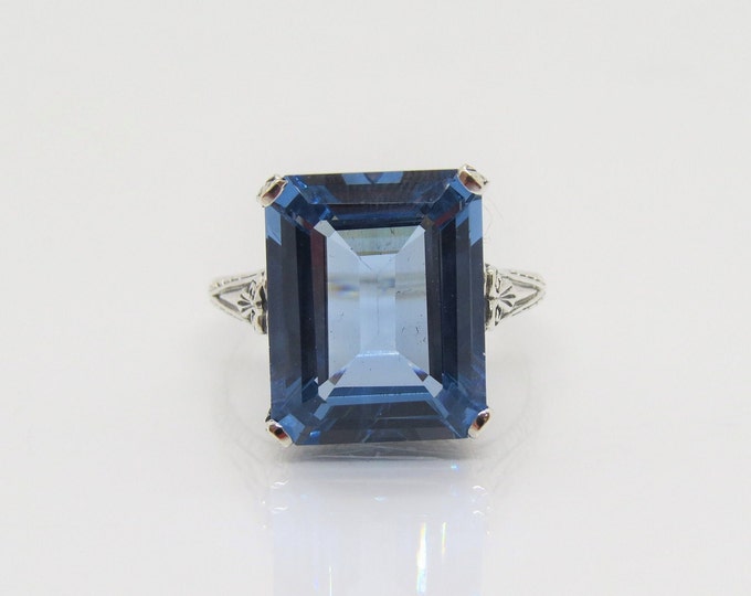 Vintage Sterling Silver London Blue Topaz Filigree Ring Size 9