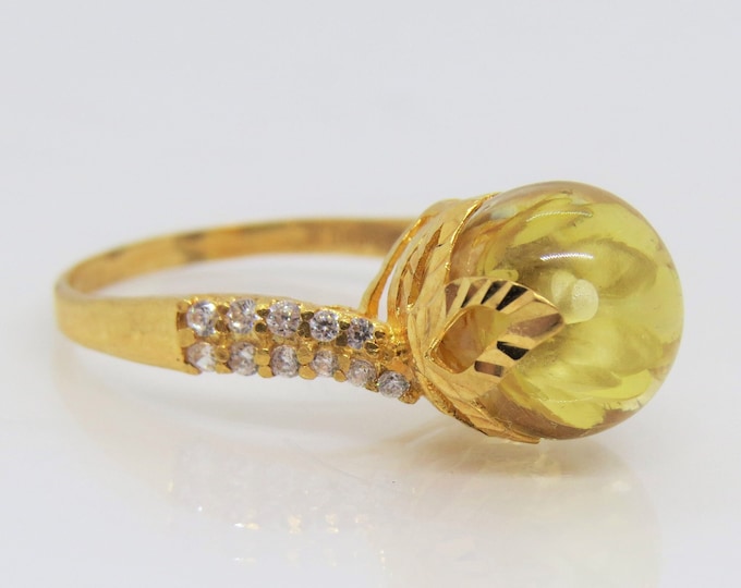 Vintage 18K Solid Yellow Gold Amber & White Topaz Ball Ring Size 7.25