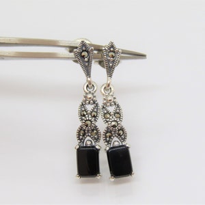 Vintage Sterling Silver Black Onyx & Marcasite Earrings