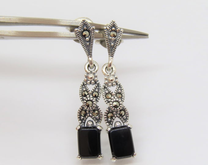 Vintage Sterling Silver Black Onyx & Marcasite Earrings