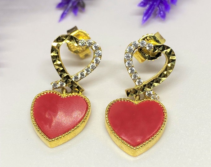 Vintage 18K Solid Yellow Gold Red Coral & White Topaz Heart Earrings.