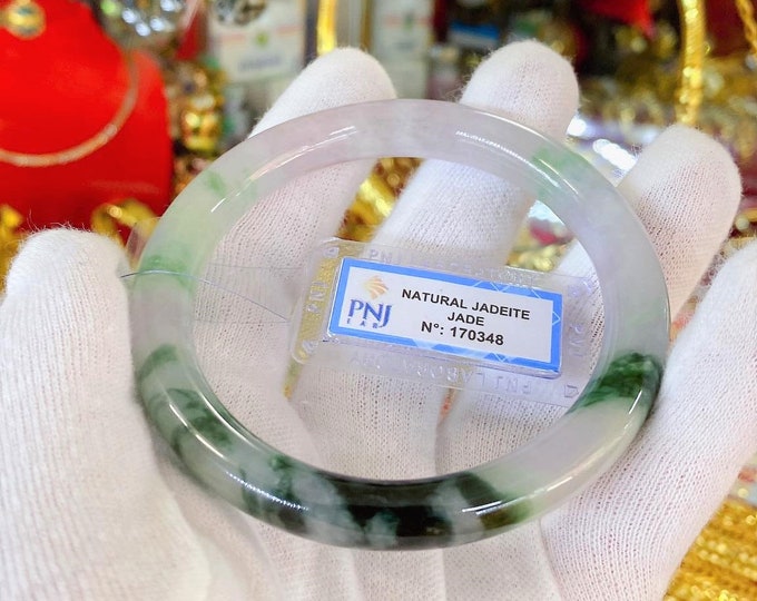 Translucent Natural Green, White & Black Jadeite Jade Vintage Bangle Bracelet 60.7MM