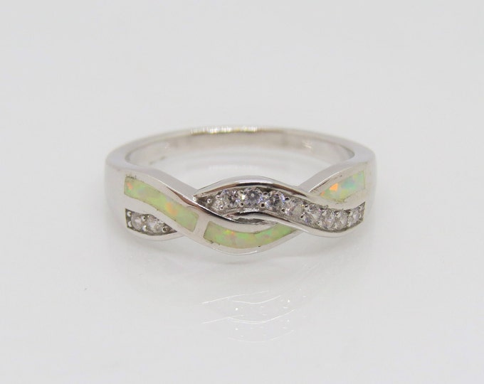 Vintage Sterling Silver White Opal & White Topaz Twisted Ring Size 8