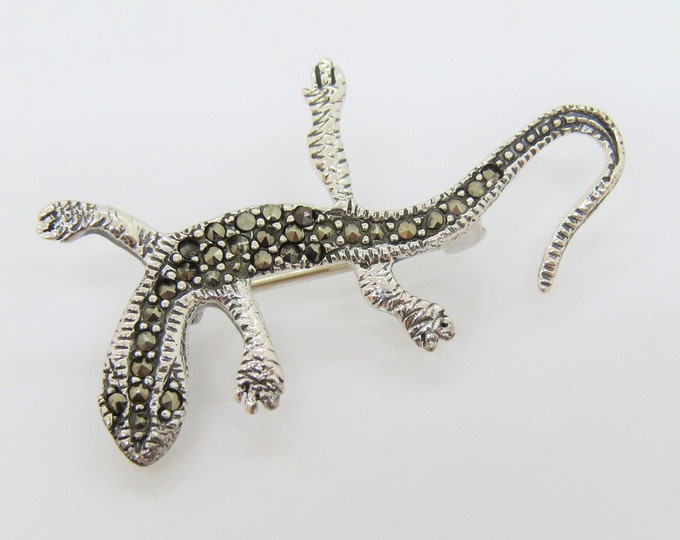 Vintage Sterling Silver Marcasite Gecko Pin Brooch