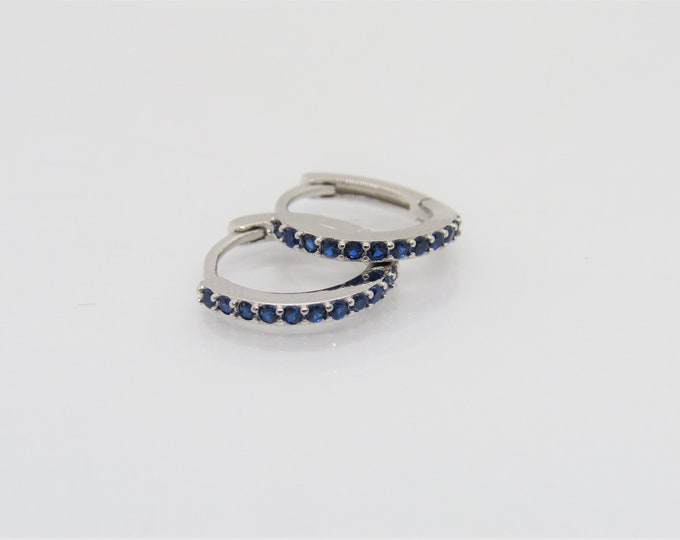 Vintage Sterling Silver Blue Sapphire Hoop Earrings 10MM