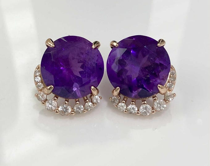 Vintage Sterling Silver Amethyst & White Topaz Earrings, 14k Rose Gold Plated