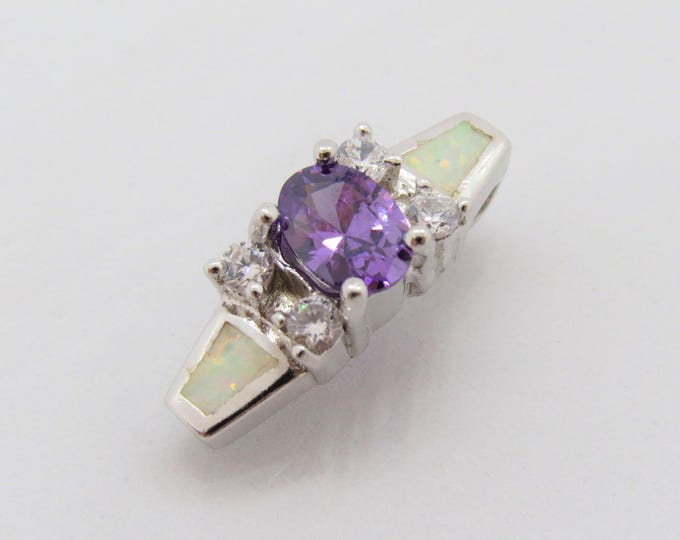 Vintage Sterling Silver Oval Amethyst & White Opal, White Topaz Pendant