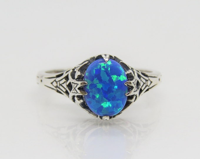 Vintage Sterling Silver Oval Blue Opal Filigree Ring Size 8