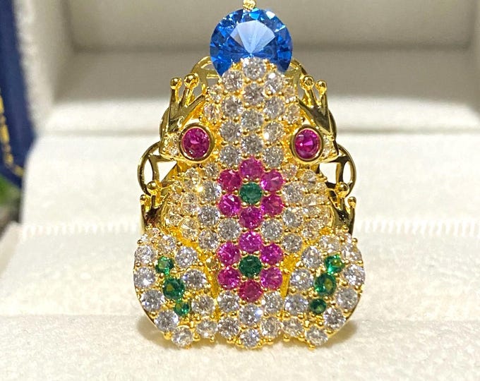 Vintage 15K 610 Solid Yellow Gold Blue Sapphire, Emerald & White Topaz Ruby Eye's Frog Ring Size 6