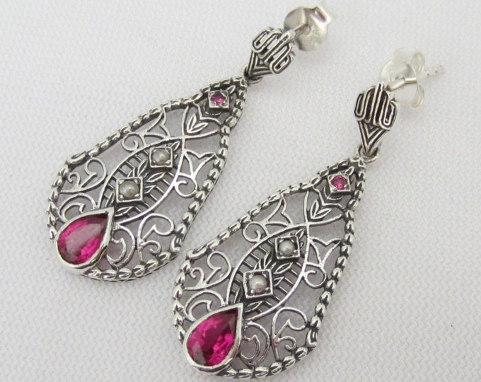 Vintage Sterling Silver Ruby & Seed Pearl Filigree Earrings