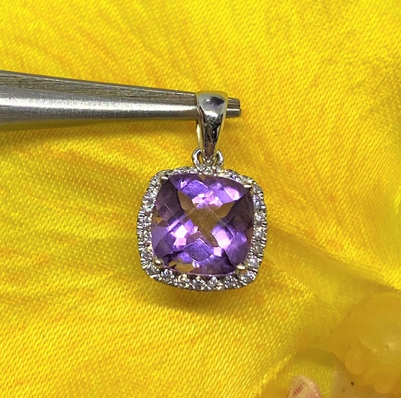 Vintage 14K Solid White Gold Natural Amethyst & D… - image 1