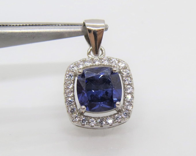 Vintage Sterling Silver Cushion Tanzanite & White Topaz Pendant