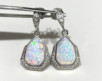 Boucles D'oreilles Argent 925 Opale De Feu Naturelle - Pendantes - Fait Main