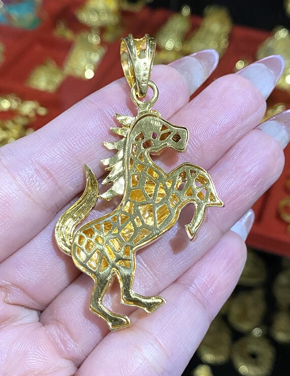 Vintage 15K 610 Solid Yellow Gold Ruby Horse Pend… - image 5