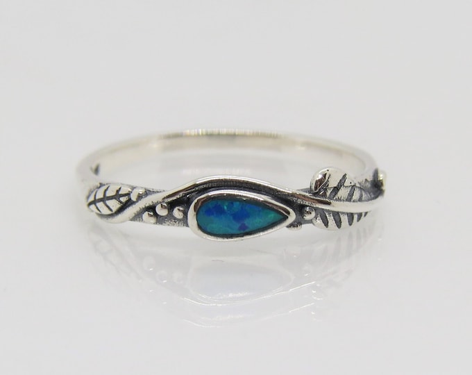 Vintage Sterling Silver Blue Opal Leaf Thin Band Ring Size 10