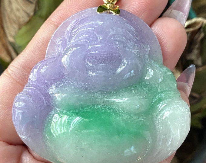 Vintage 14K Solid Yellow Gold Green, Purple, White Jadeite Jade Laughing Buddha, Happy Buddha Pendant Mat Ong Dia, Mat Phat Di Lac.