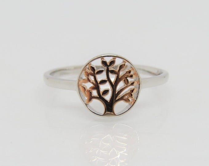 Vintage Sterling Silver Blue Rose Gold Plated Tree of Life Ring Size 7