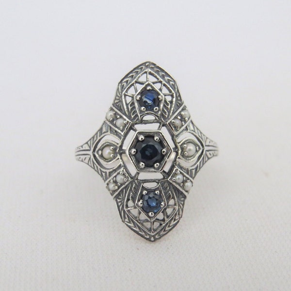 Vintage Sterling Silver Natural Blue Sapphire & Seed Pearl Ring Size 8