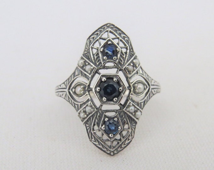Vintage Sterling Silver Natural Blue Sapphire & Seed Pearl Ring Size 8