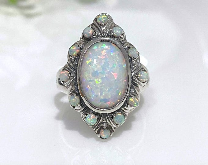 Vintage Sterling Silver White Opal Cluster Ring Size 9