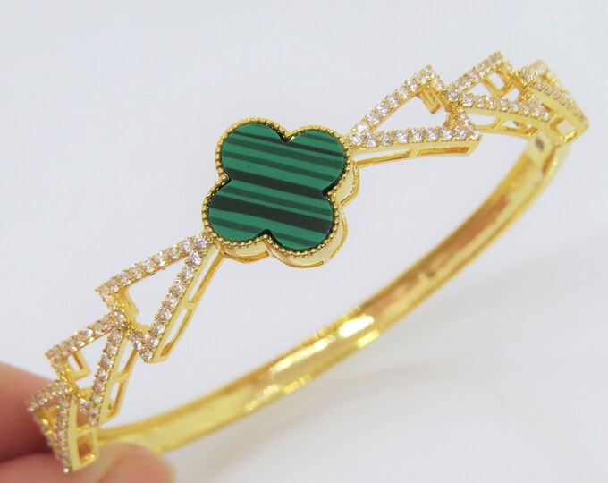 18K Solid Yellow Gold Malachite & White Topaz Vintage Bangle Bracelet 6 1/2''