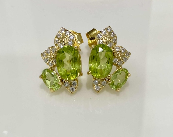 Vintage Sterling Silver 14k Gold Plate Natural Peridot & White Topaz Earrings.