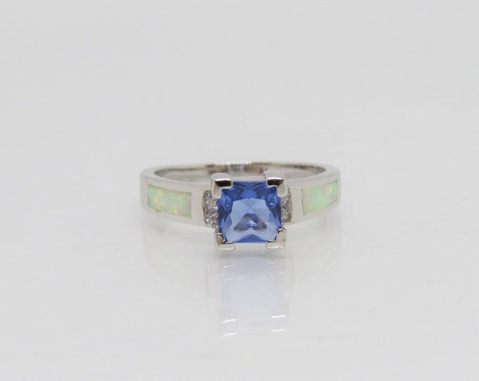 Vintage Sterling Silver Tanzanite, White Topaz & Fire Opal Ring Size 8