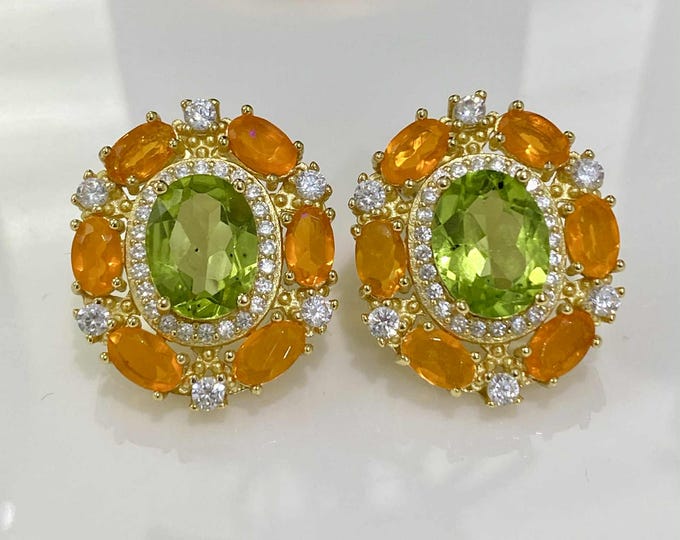 Vintage Sterling Silver Peridot, Fire Opal & Topaz Earrings.