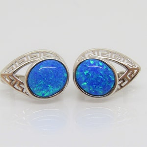 Vintage Sterling Silver Oval cut Blue Opal Filigree Earrings