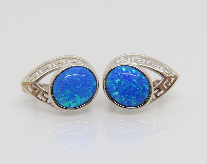 Vintage Sterling Silver Oval cut Blue Opal Filigree Earrings