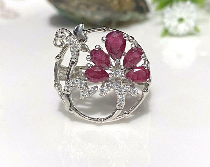 Vintage Sterling Silver Natural Ruby & White Topaz Flower Ring Size 6