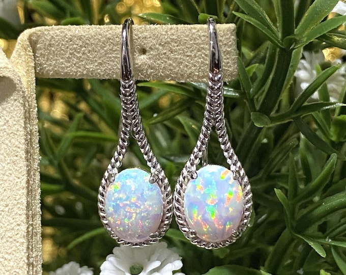 Vintage Sterling Silver Oval White Opal Earrings.