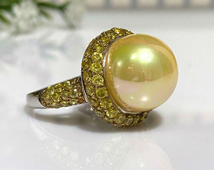 Vintage Sterling Silver Yellow Pearl & Citrine High Dome Ring Size 6