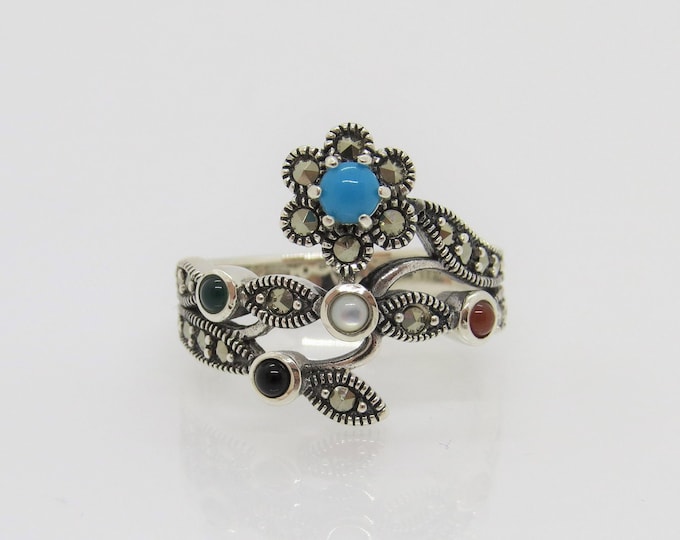Vintage Sterling Silver Mixed Gemstone & Marcasite Flower Ring Size 6