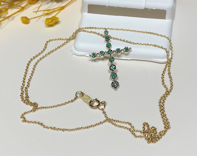 Vintage 14K Solid Yellow Gold Emerald Cross Pendant Necklace 18''