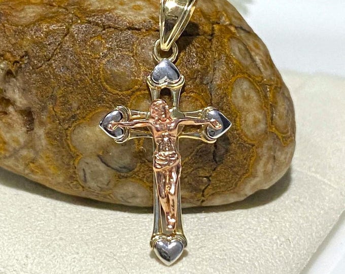 Vintage 14K Solid Triple Gold Cross Crucifix Pendant.
