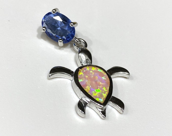 Vintage Sterling Silver Oval cut Tanzanite & Pink Opal Turtle Pendant.