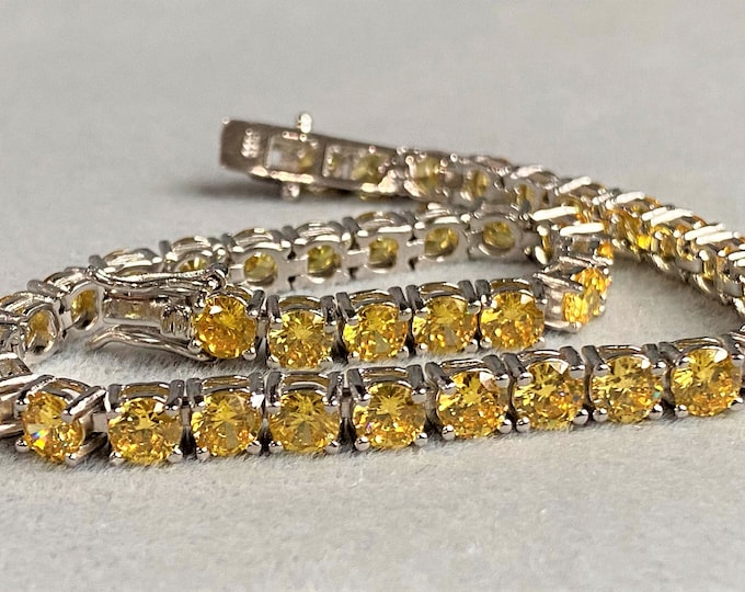 Vintage Sterling Silver Round cut Citrine Link Bracelet 7 1/2''