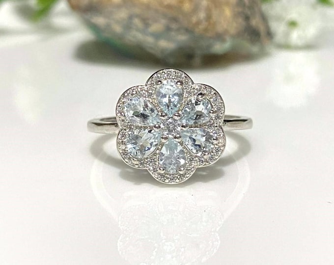 Vintage Sterling Silver Natural Aquamarine & White Topaz Flower Ring Size 7