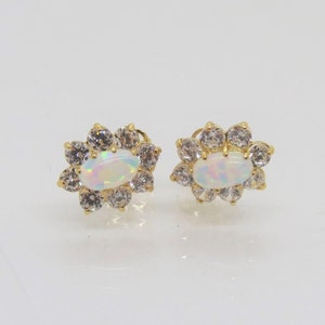 Vintage 14K Solid Yellow Gold Oval White Opal & White Topaz Stud Earrings